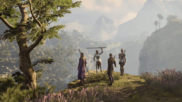 Image displays a fantasy landscape in Baldur's Gate 3 with four adventurers on a hillside.