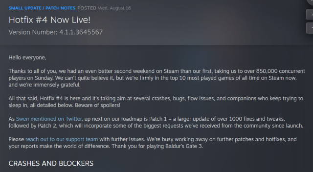 Displays the description for Hotfix #4 on the Steam Page of Baldur's Gate 3.