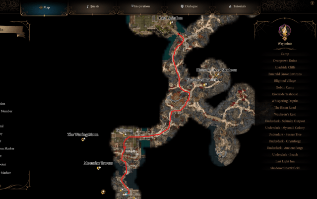 Image displays a high-lighted route to Moonrise Towers from Last-Light Inn.