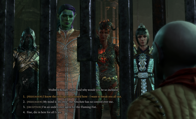Image displays dialogue options after Wulbren asks the player why they want to help him in Baldur's Gate 3.