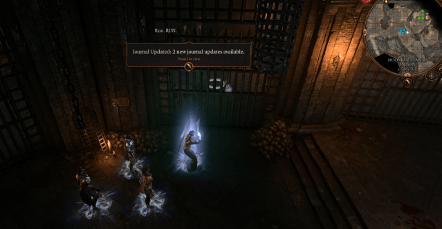 Displays a character preparing to cast Misty Step into a prison cell in Moonrise Tower (Baldur's Gate 3).