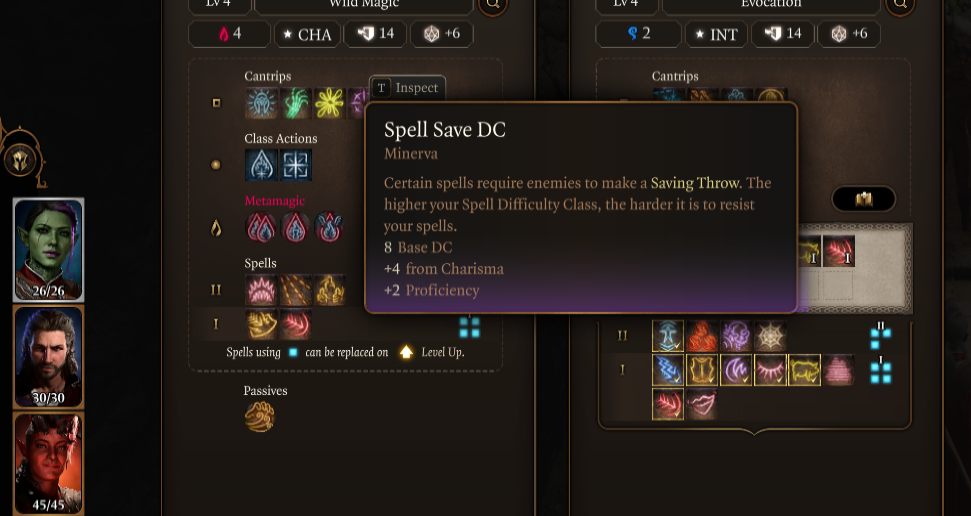 Image displays a level 4 Sorcerer's Spell Save DC in Baldur's Gate 3. The DC is 14--- 8 base, +4 from Charisma, and +2 from Proficiency