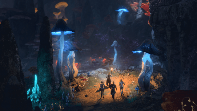 A group of adventurers carry a torch in the darkness, with giant mushrooms lit by magical blue light scattered around the area.