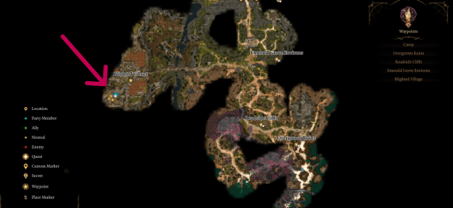 Screenshot displaying a map of the starting zone in Baldur's Gate 3, with an arrow pointing to Blighted Village.