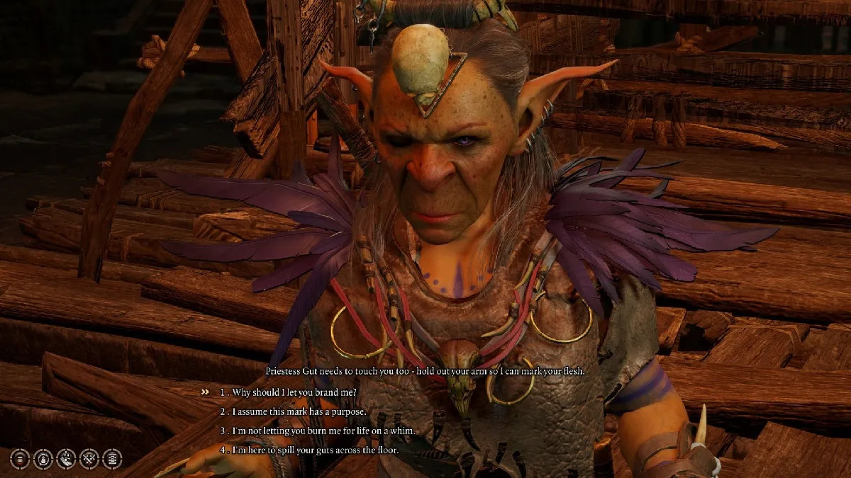 An image of a dialogue exchange with Priestess Gut talking about marking the player character with a brand in Baldur's Gate 3.