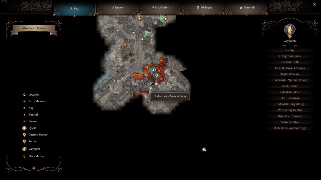 The Baldur's Gate 3 map showing the Ancient Forge waypoint.