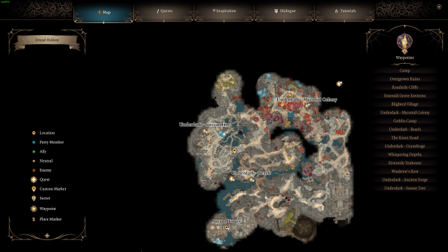 A screenshot of the map in Baldur's Gate 3 highlighting the Underdark - Beach location.