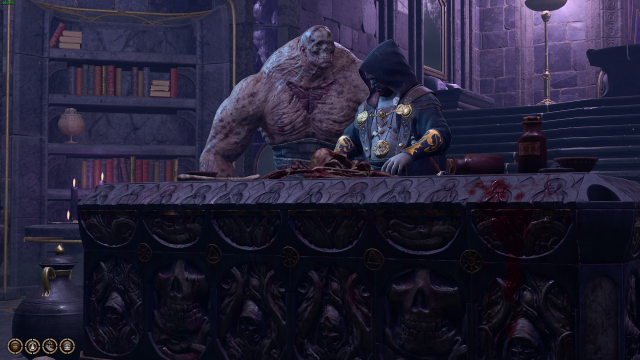 Balthazar and Flesh looking over a table in the Gauntlet of Shar.