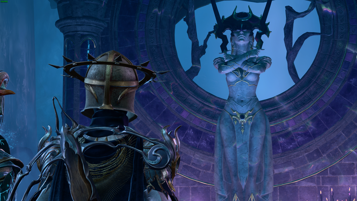 Our character looking at a statue of Shar