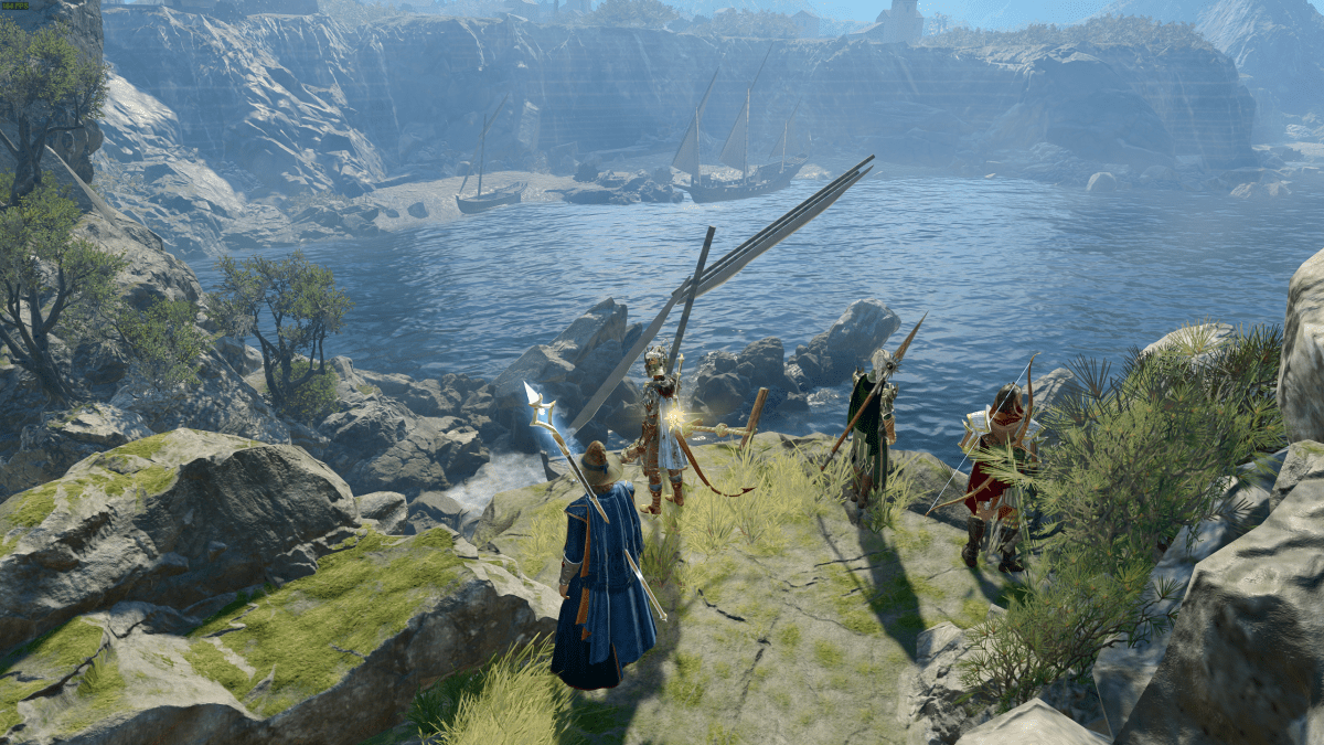 Baldur's Gate 3 screenshot of four characters overlooking a vista