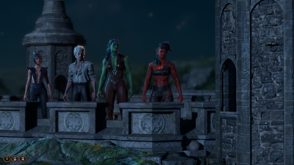 Displays four Baldur's Gate 3 characters during a cutscene in the game.