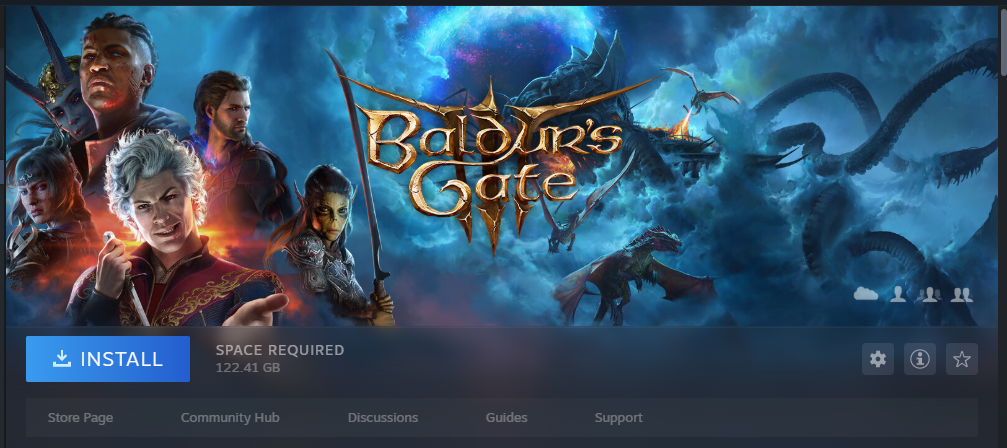 An image of the Baldur's Gate 3 page on Steam which includes the game's download size.