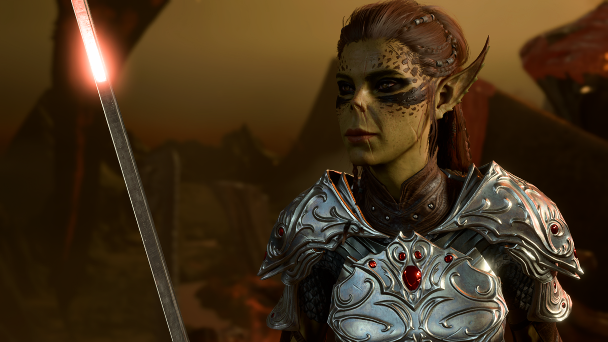 Female githyanki Lae’zel holding a sword and wearing some shiny armor in Baldur's Gate 3.