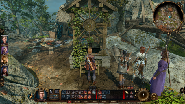 The player character stands in front of a stone well covered in vines with the Baldur's Gate 3 companions.