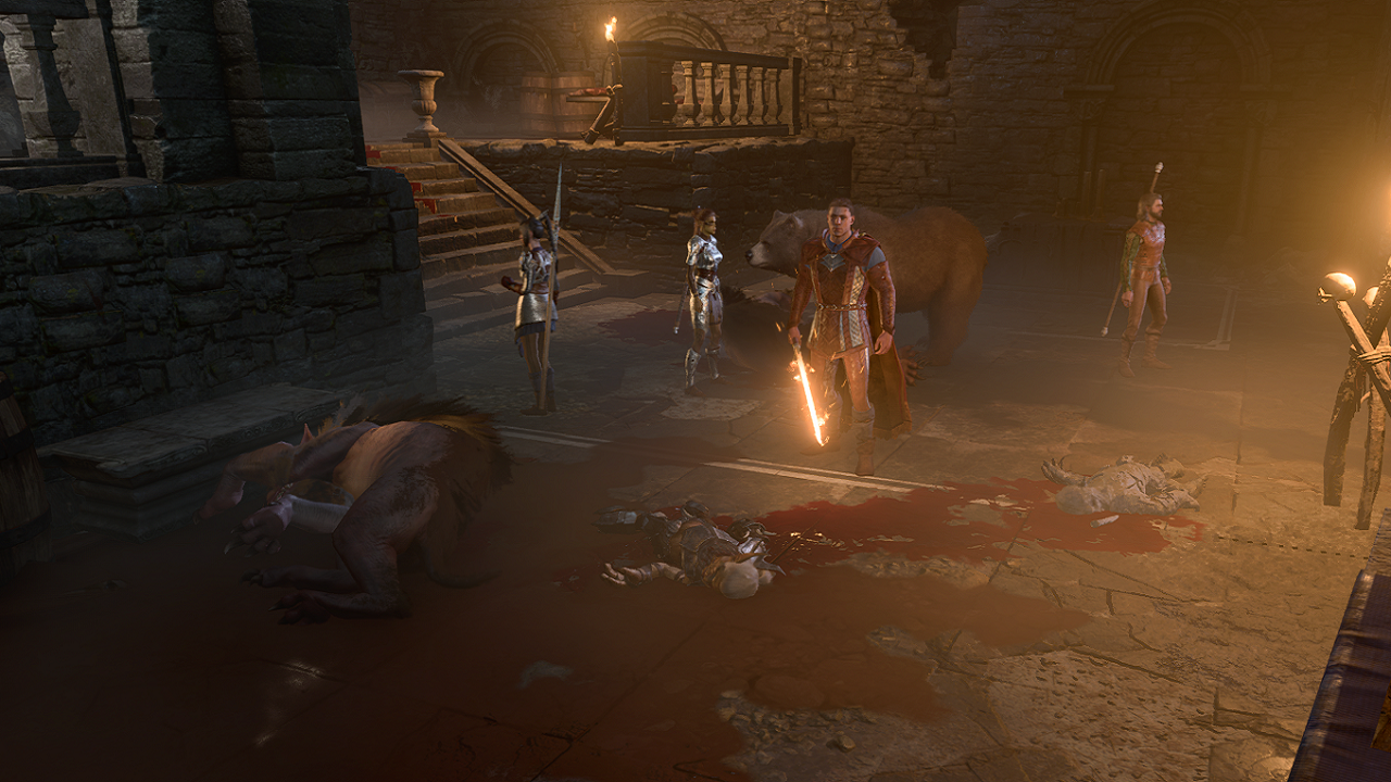 A character holding a fire sword stands over three dead bodies on a bloody floor. The dead bodies are two goblins and one warg. Their allies are standing behind them, while the room is lit by torches. 