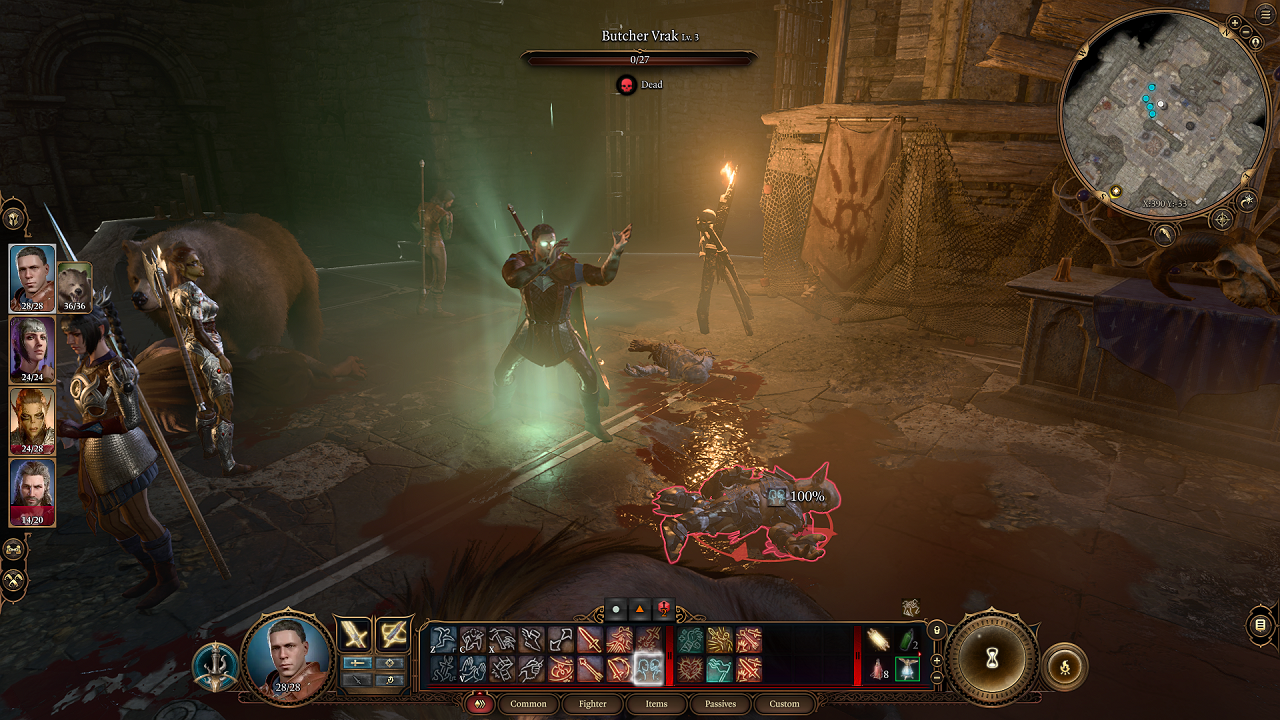A character with glowing white eyes approaches a dead body, with blood all around him, in an encampment. A soft glow emanates from the character as his companions stand around him.