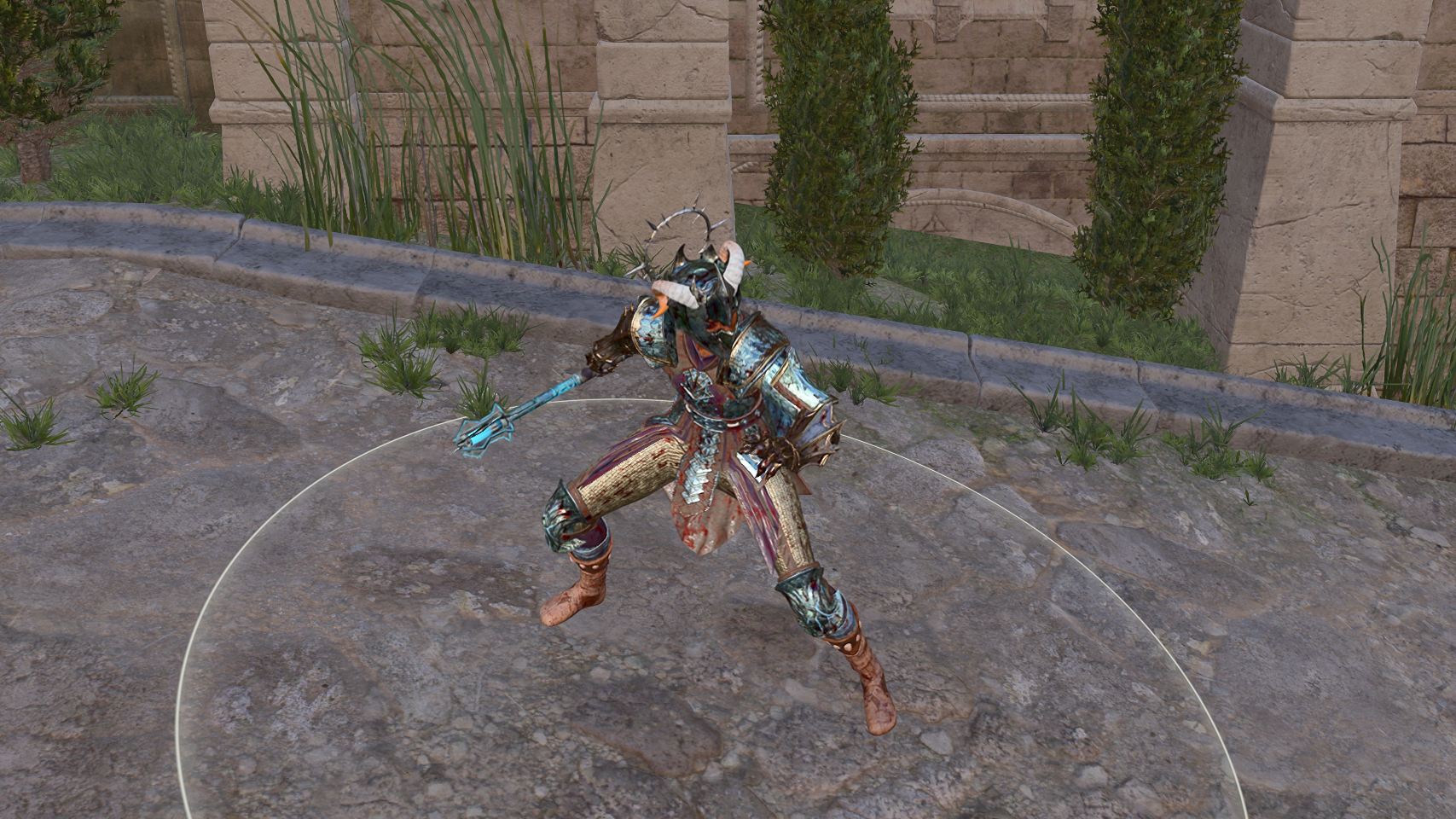 A character posing in Adamantine Armor, wielding a mace.