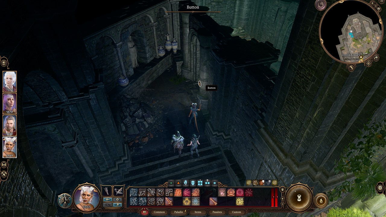 The character is near a switch to activate on a wall of a dark crypt. The allies are not too far behind. There are vases and stone walls around. 