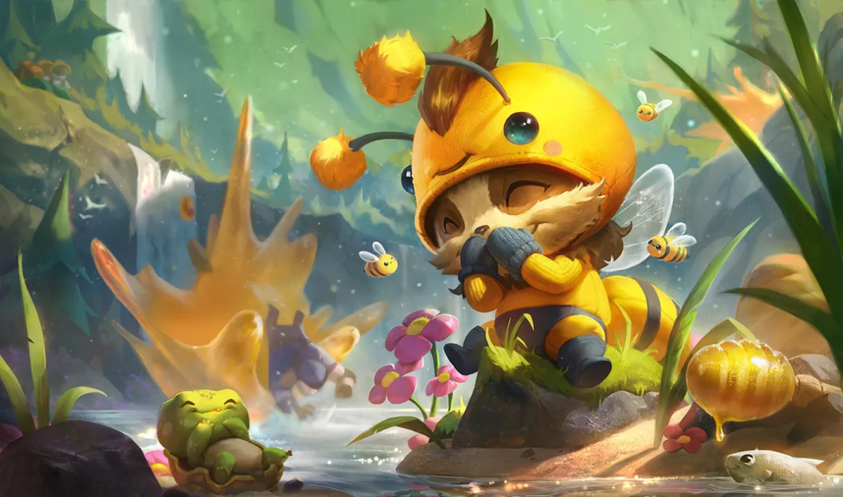 Teemo dressed as a bee laughing