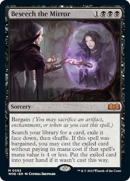Image of woman making a bargain with woman in mirror through Beseech the Mirror WOE MTG set
