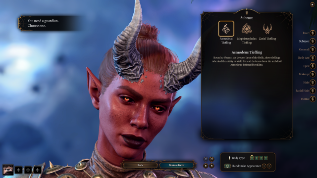 A close-up of a red Asmodeus Tiefling in the Baldur's Gate 3's character creation menu.