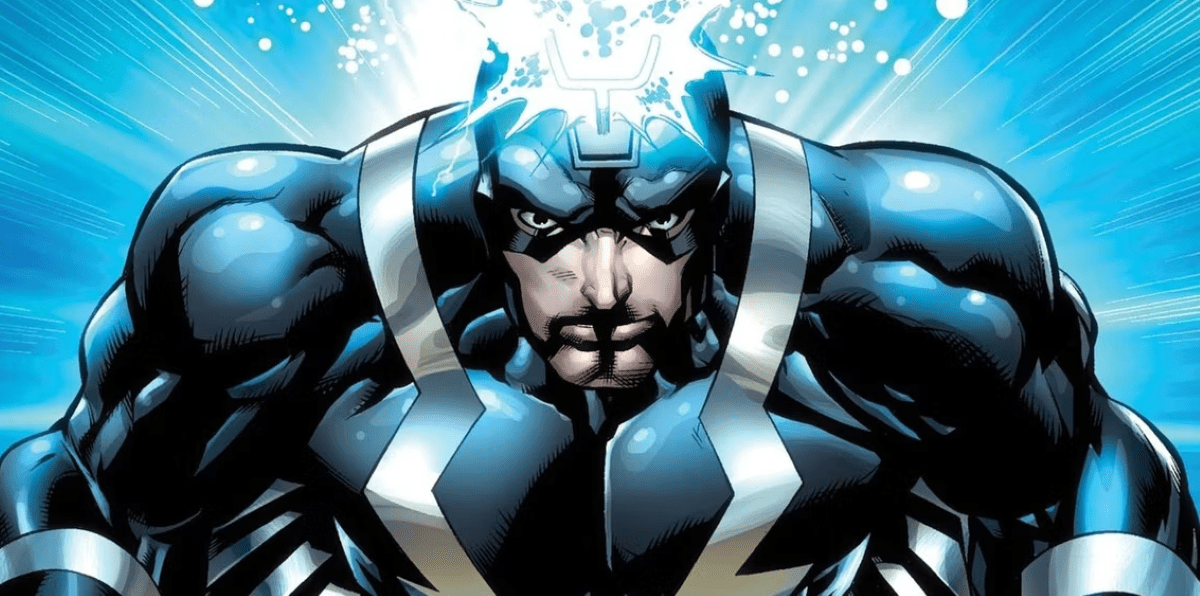 Black Bolt leans forward with electricity gathering along his head.