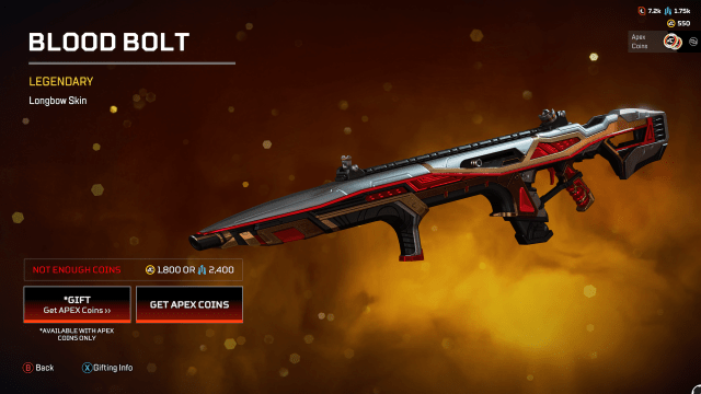 The Blood Bolt Longbow, a sleek silver and red sniper skin.