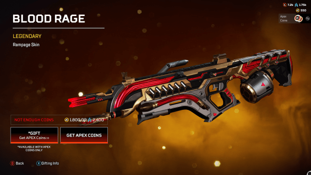 The Blood Rage Rampage, a red, gold, black, and silver skin with glowing red elements.