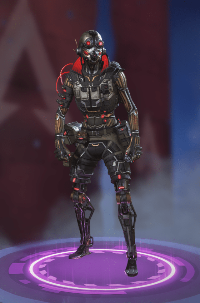 Octane, dressed in a black body suit with wires running down his arms, sports a bright red collar and goggles.
