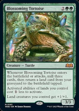 Image of magical turtle chewing on a tree through MTG Blossoming Tortoise Wilds of Eldraine set