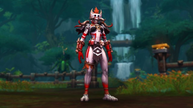 WoW character wearing the Bones of the Bloodhunter Ensemble transmog from the Trading Post