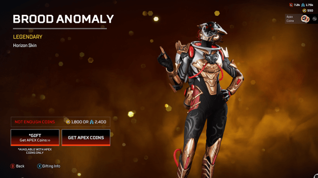 The Brood Anomaly Horizon skin, with a fully-helmeted Horizon spacesuit and bug-like features are given a silver, gold, black, and red color scheme.
