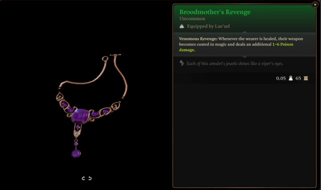 A screenshot of the Broodmother's Revenge amulet in Baldur's Gate 3, showing the amulet on the left and its description on the right.