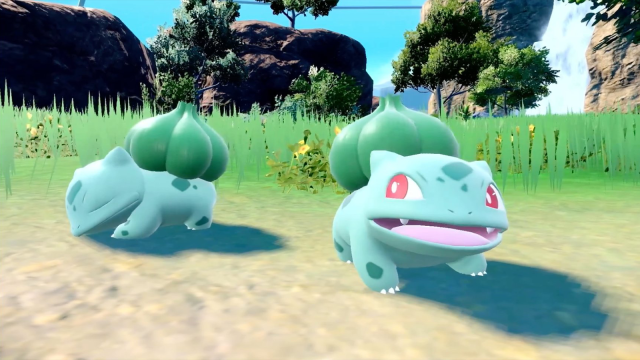 Bulbasaur lounging around in the sun in Pokemon Scarlet and Violet.