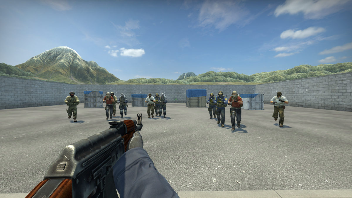 A load of CS:GO bots running with knives out toward a real player holding an AK-47.