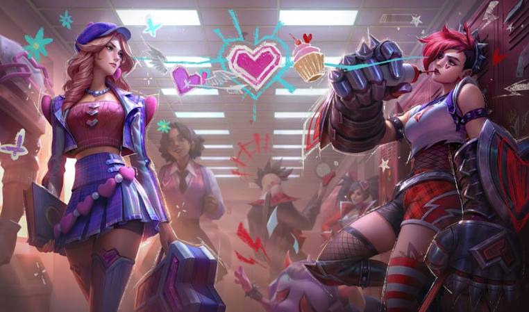 Caitlyn and Vi looking at each other in a high school
