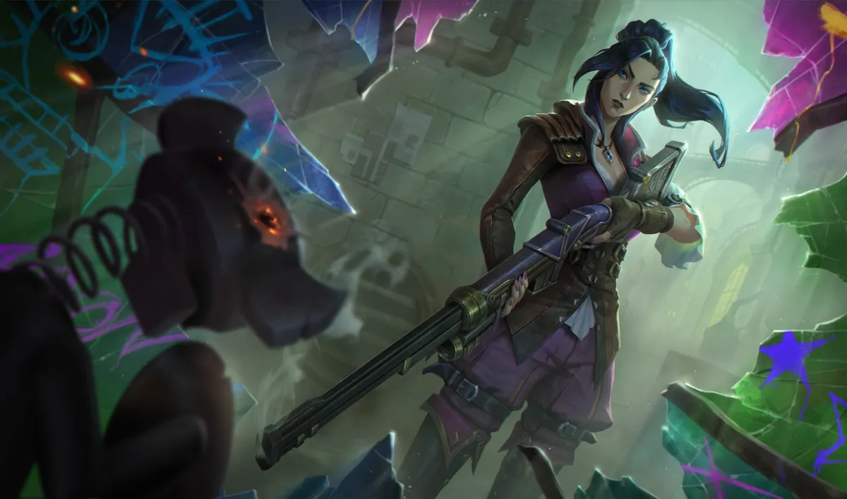 Caityln's Arcane skin in League of Legends, based on the hit Netflix series. She has long, blue hair and holds a purple gun.