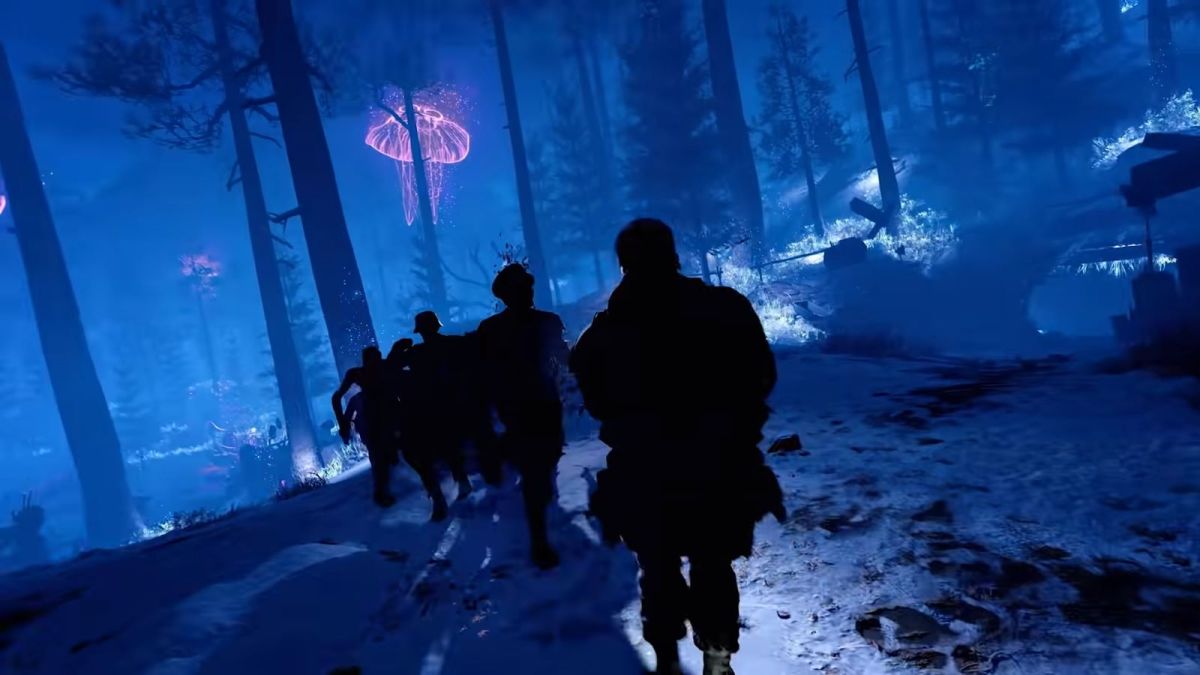 Image showcasing Zombies within a Call of Duty game. There is a visible silhouette of a soldier standing off against an oncoming horde of Zombies in a forest environment.