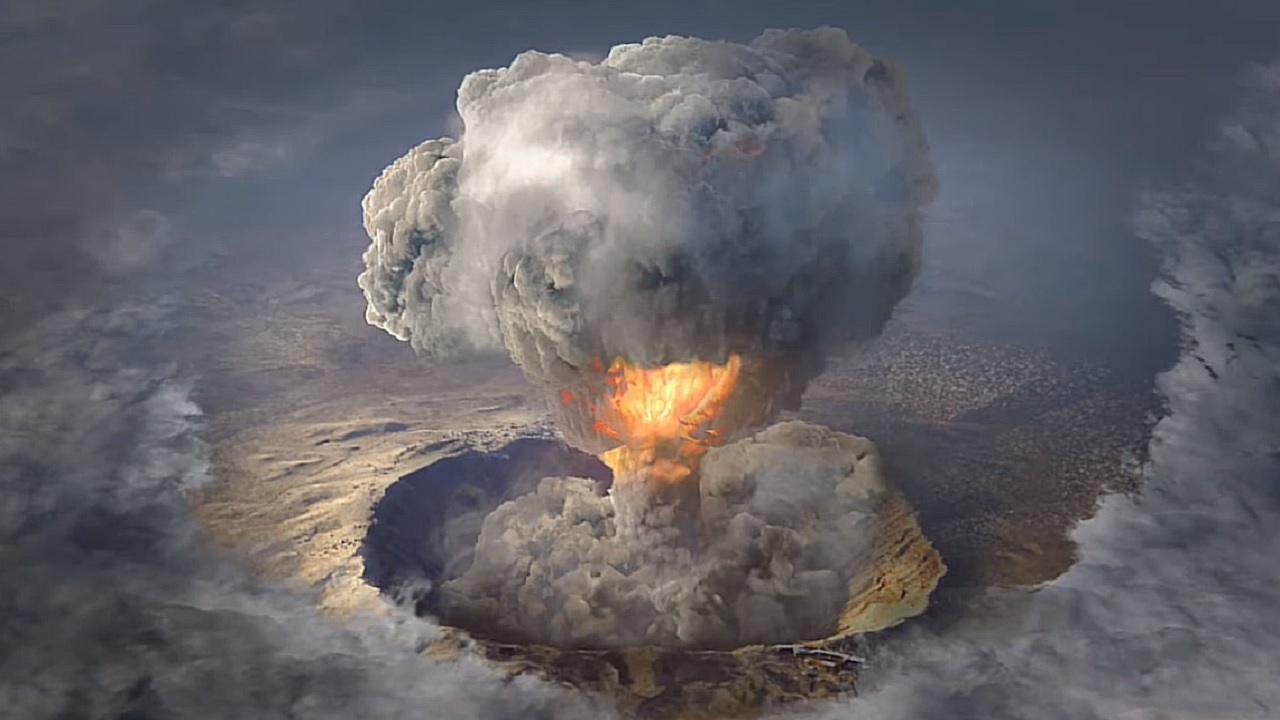 A giant explosion goes off in the distance from a tactical nuke. There is a big mushroom clound from it.