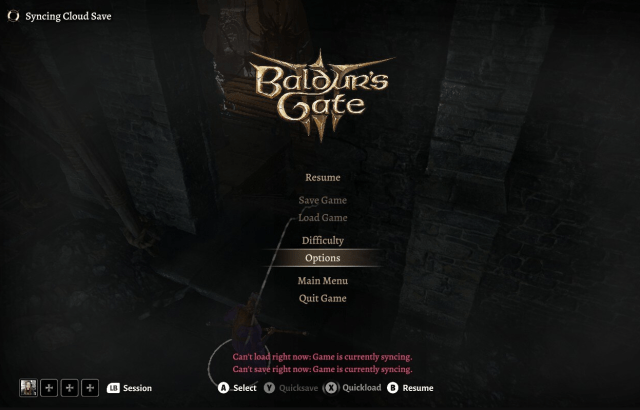 A screenshot from Baldur's Gate 3 that shows the menu screen while the game is attempting to cross-save. 
