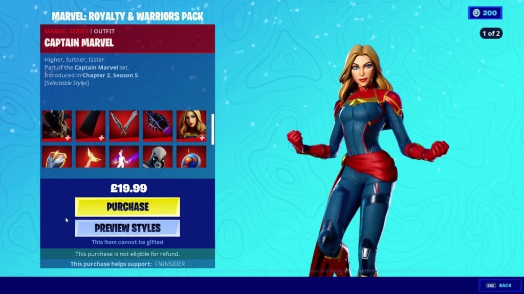 Captain Marvel is shown on the right of the screen levitating with her blue and red suit as a purchase screen is on the left.