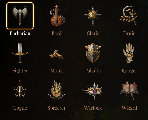 The classes available to players in Baldur's Gate 3, with their icons included.