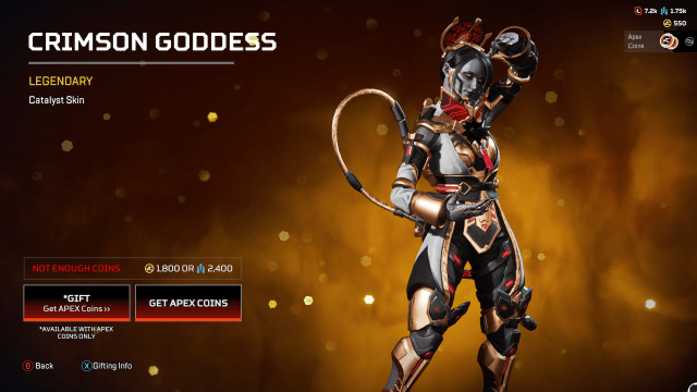 Crimson Goddess Catalyst, with red eyes, ashen skin, a red and gold headpiece, and gold ferrofluid tubes attached to her armor.