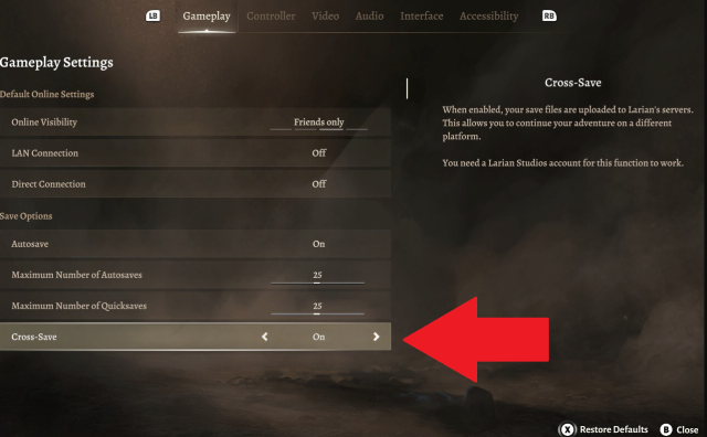 A screenshot from the Settings menu in Baldur's Gate 3 showing the cross-save option.