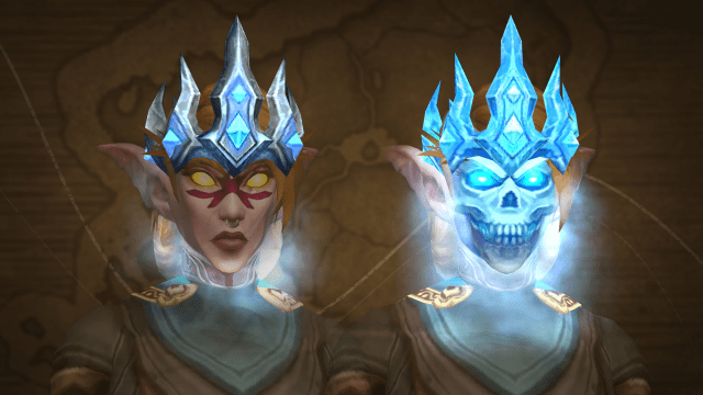 WoW character wearing the Crown of Eternal Winter transmog from the Trading Post