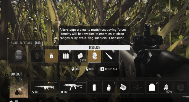 The inventory menu of a duffel bag where a disguise is held.