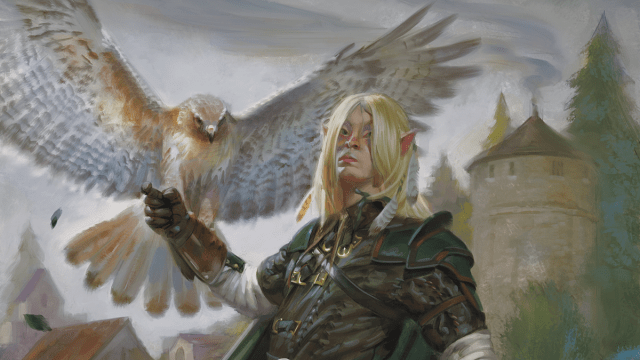 A Dungeons & Dragons 5E Ranger sits in front of a large castle, his hunting hawk sitting on his glove.