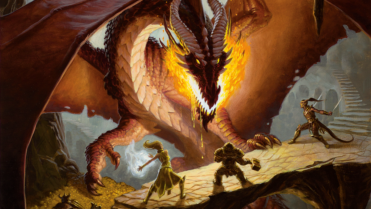 A dragon with fire in its mouth stares down at an adventuring party.