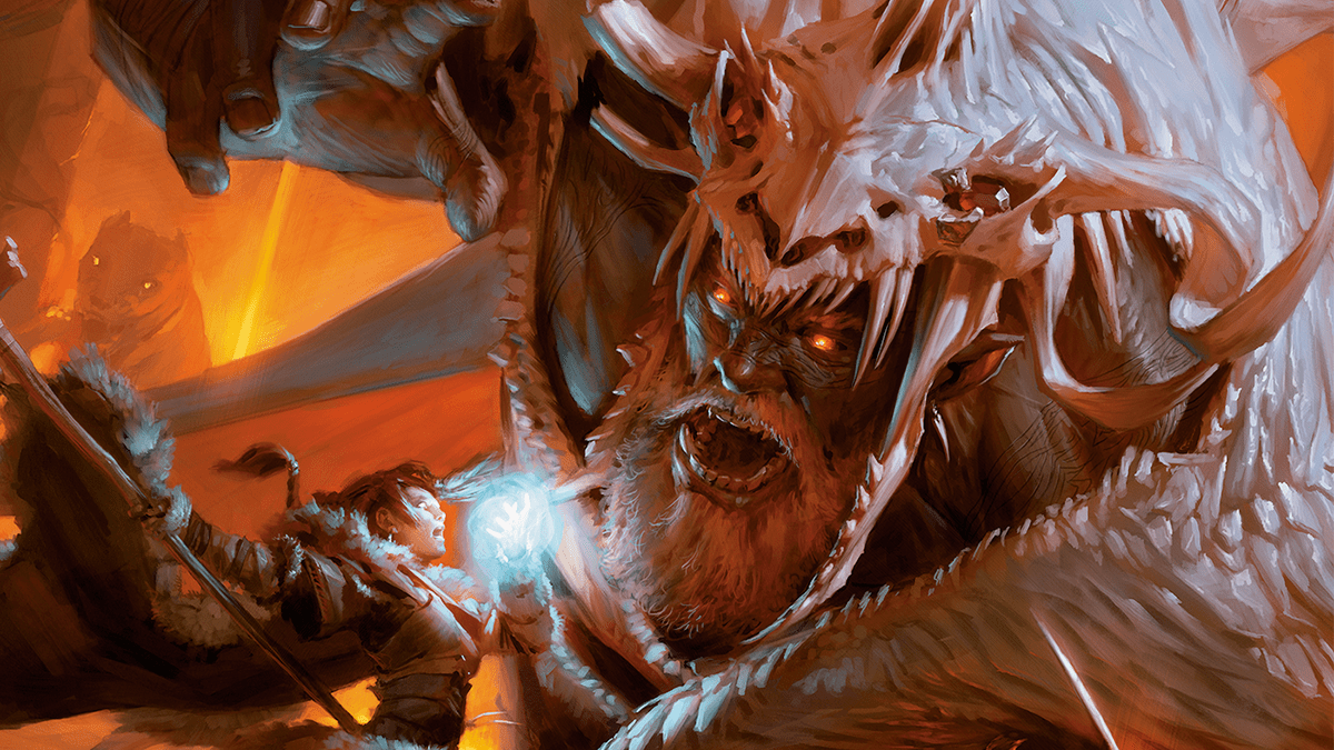 A Human Cleric battles a massive giant in the universe of Dungeons & Dragons 5E.