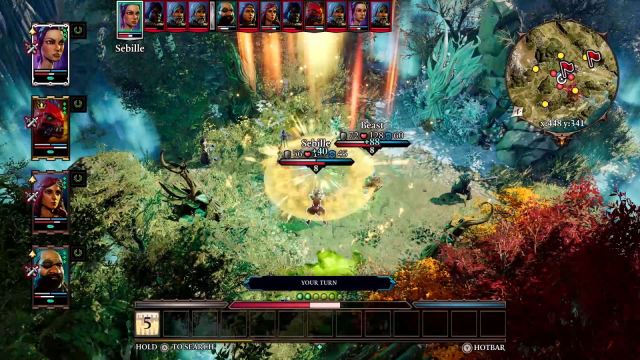A gameplay moment from Divinity: Original Sin 2 on the Nintendo Switch. A character is casting a spell that would effect a group of combatants.